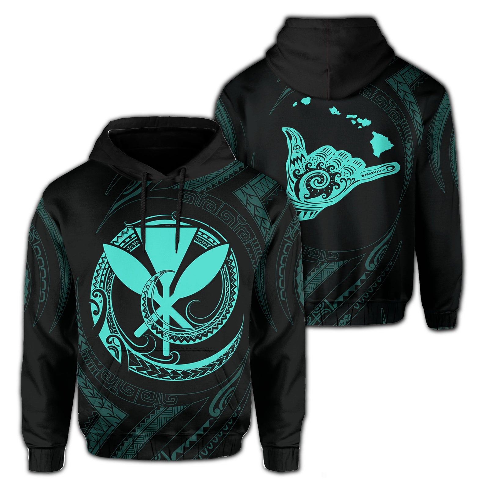 Polynesian Kanaka Shaka Map of Hawaii Hoodie Turquoise Unisex Turquoise - Polynesian Pride
