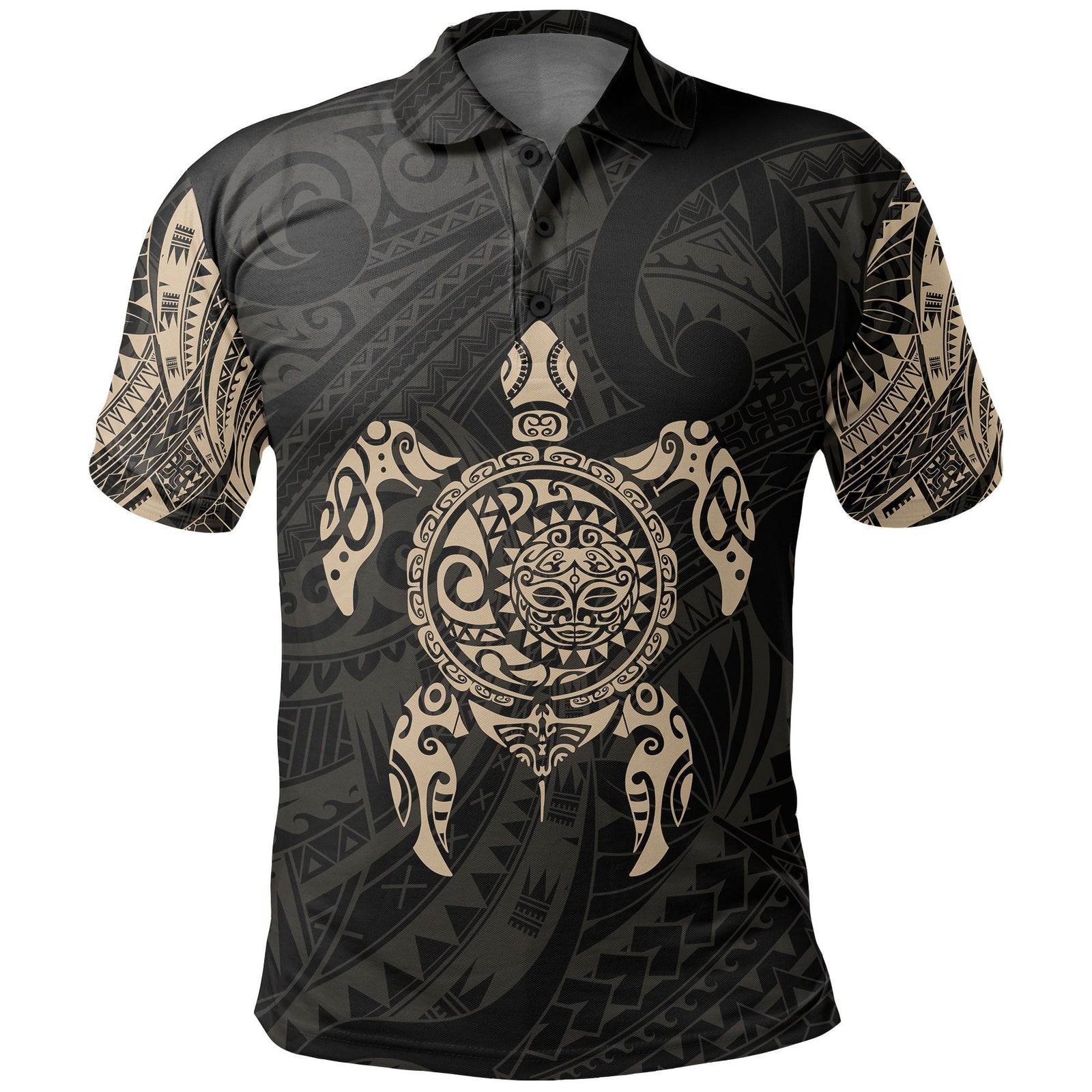 New Zealand Maori Polo, Polynesian Turtle Tattoo Polo Shirt Gold Unisex Black - Polynesian Pride
