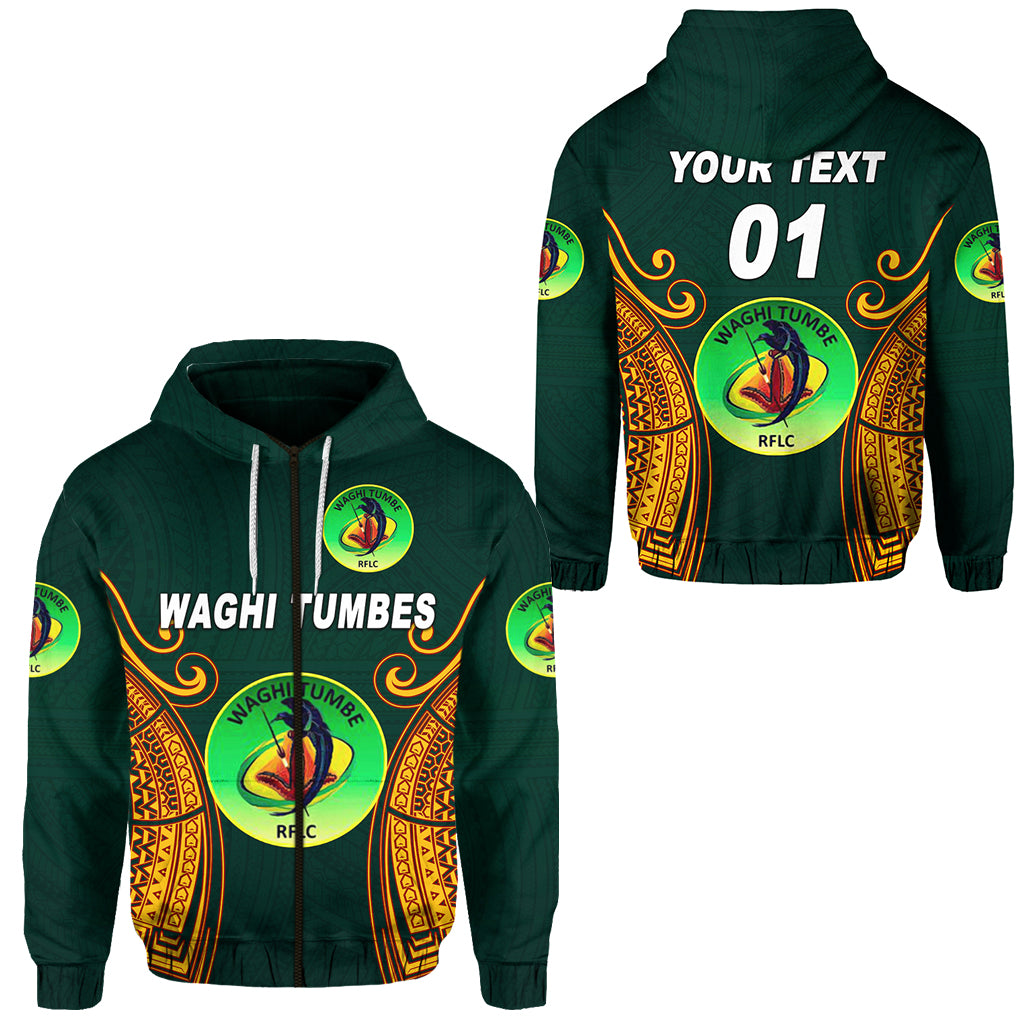 Custom Papua New Guinea Waghi Tumbes Zip Hoodie Rugby Green, Custom Text and Number LT8 Green - Polynesian Pride